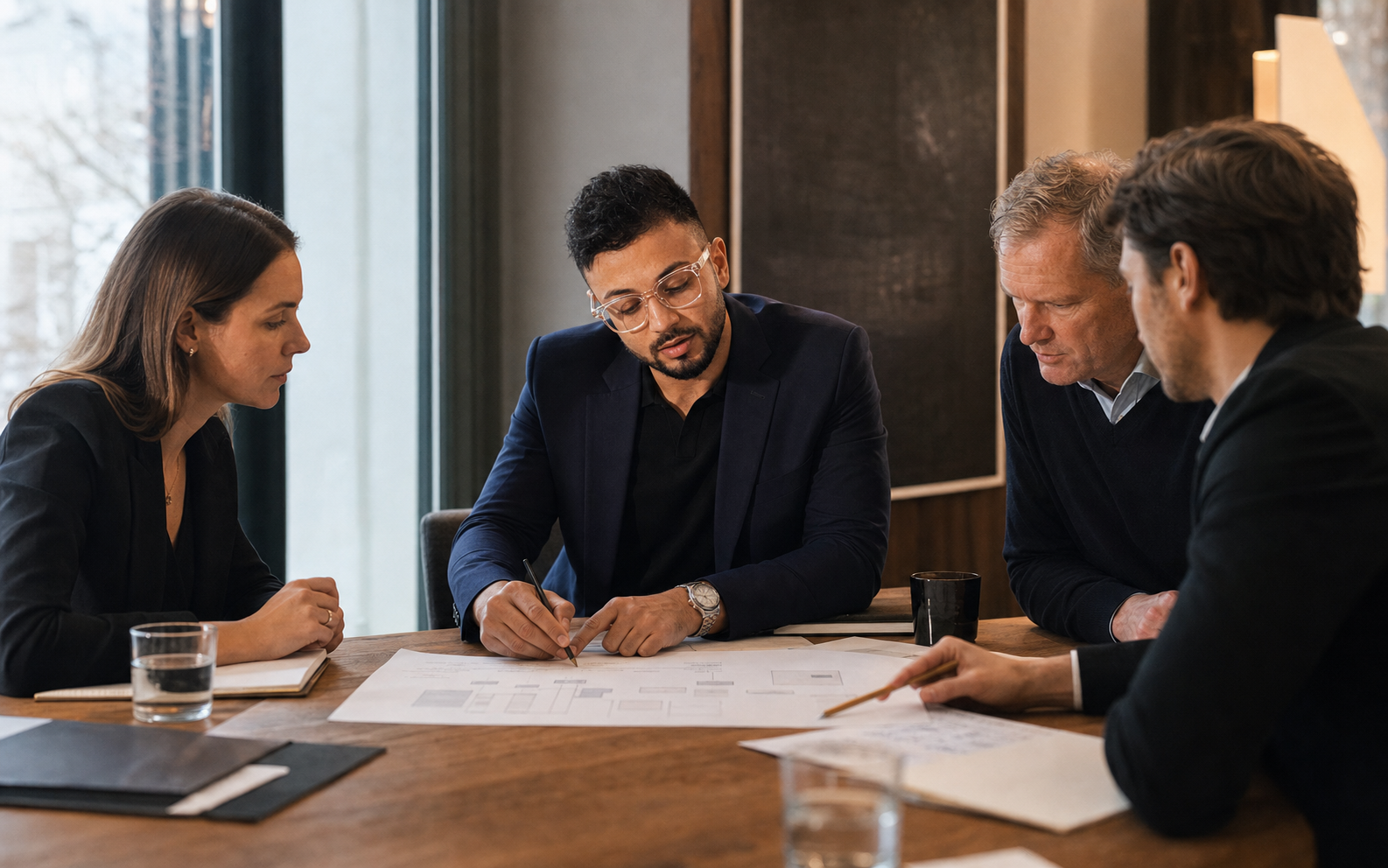 Konzeptionelle Teamszene mit Sami Al Kass an einem Arbeitstisch